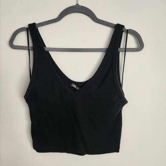 Zara Black Ribbed Knit Crop Tank – Size L - Picture 1 of 3